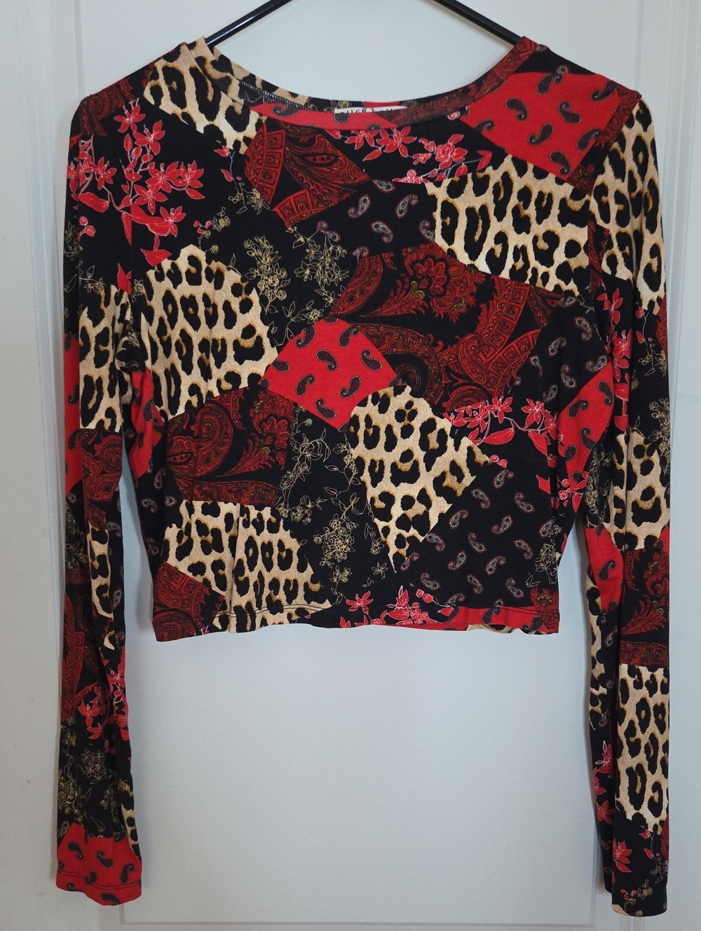 Alice + Olivia Red, Black & Tan Patchwork Print Long-Sleeve Top